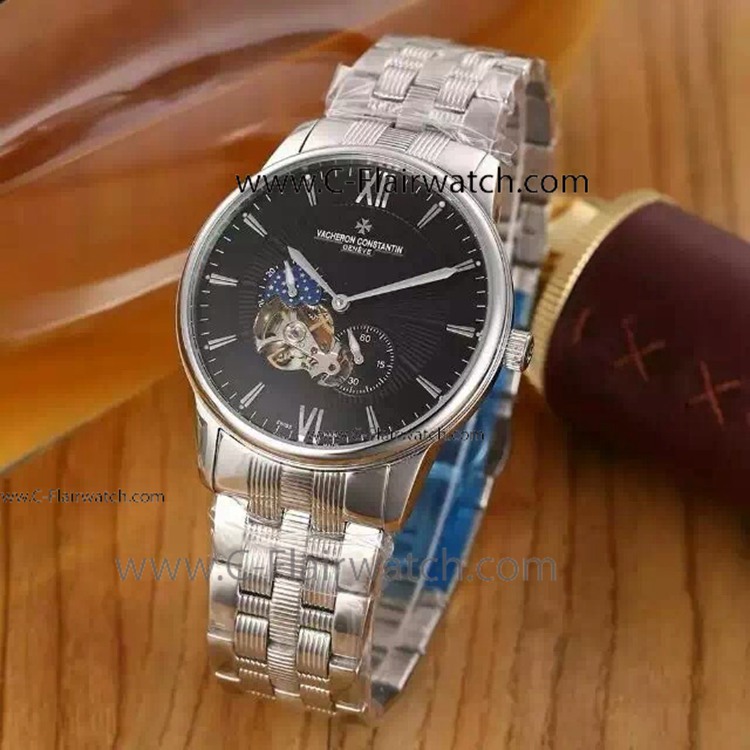 Copy Vacheron Constantin Moonphase Watch SS Black Face